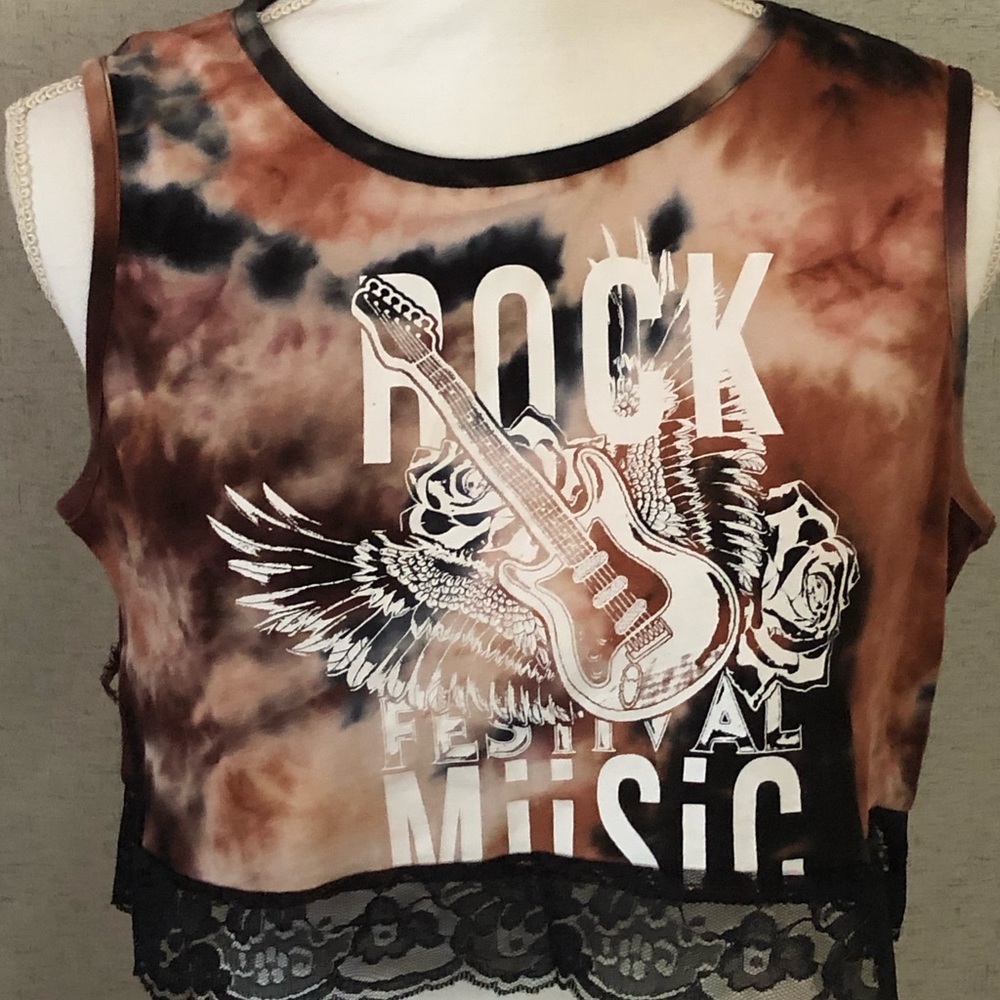 NWT brown tie dyed crop top with guitar and Rock Festival imprinted on…